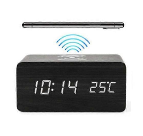 Wooden Digital Alarm Clock Radio with FM Radio, Fast Wireless Charging Dock for iPhone/Samsung Galaxy, Alarm Clock and LED Display, Black