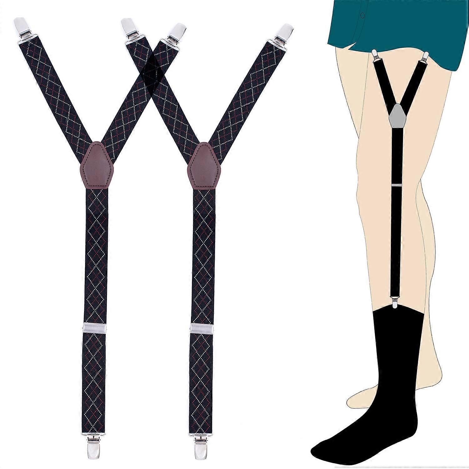 1 Pair (Red and White Grid on Black Background, Approx 2.5*80cm) Men's Adjustable Elastic Garter Straps Military Style Non-Slip Y-Style