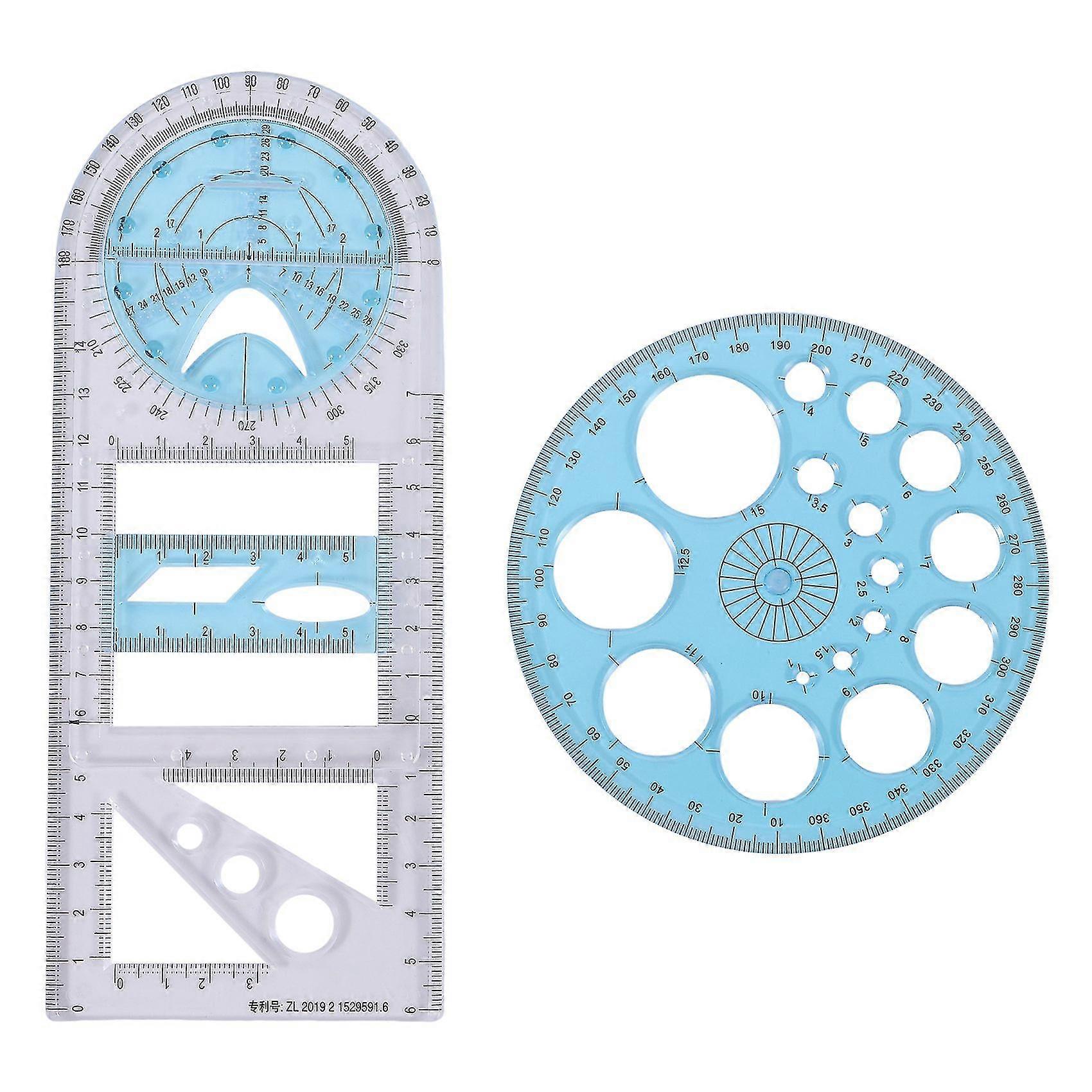 2 Pcs Multifunctional Geometric Ruler Plastic Drawing Tool Drafting Templates Clear Graphic Design