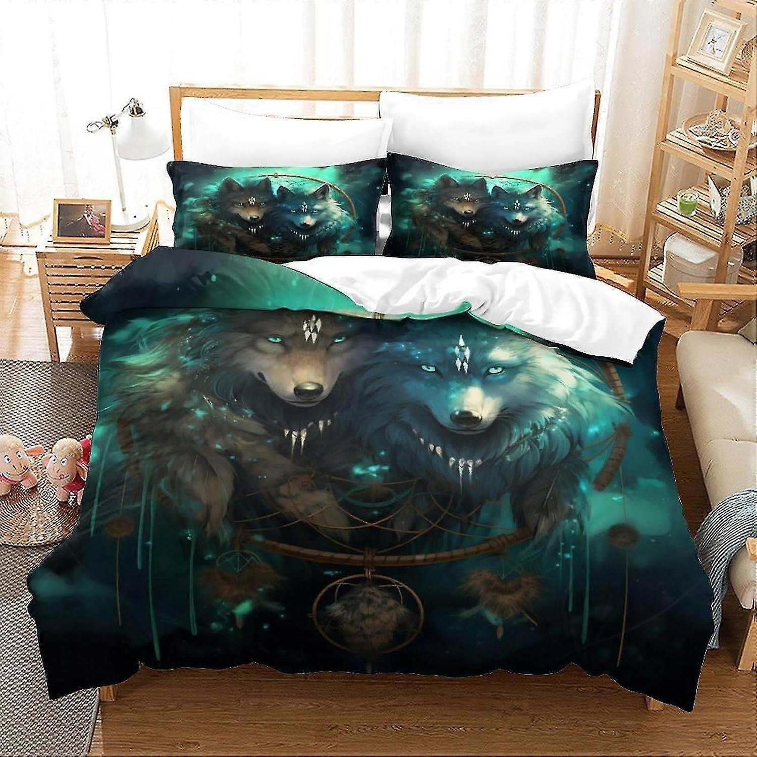 o4097 Lençóis Cool Wolf Conjuntos de capa de edredão Roupa de cama infantil Leve macio e respirável Impressão 3D Capa de colcha leve com fronha para crianças