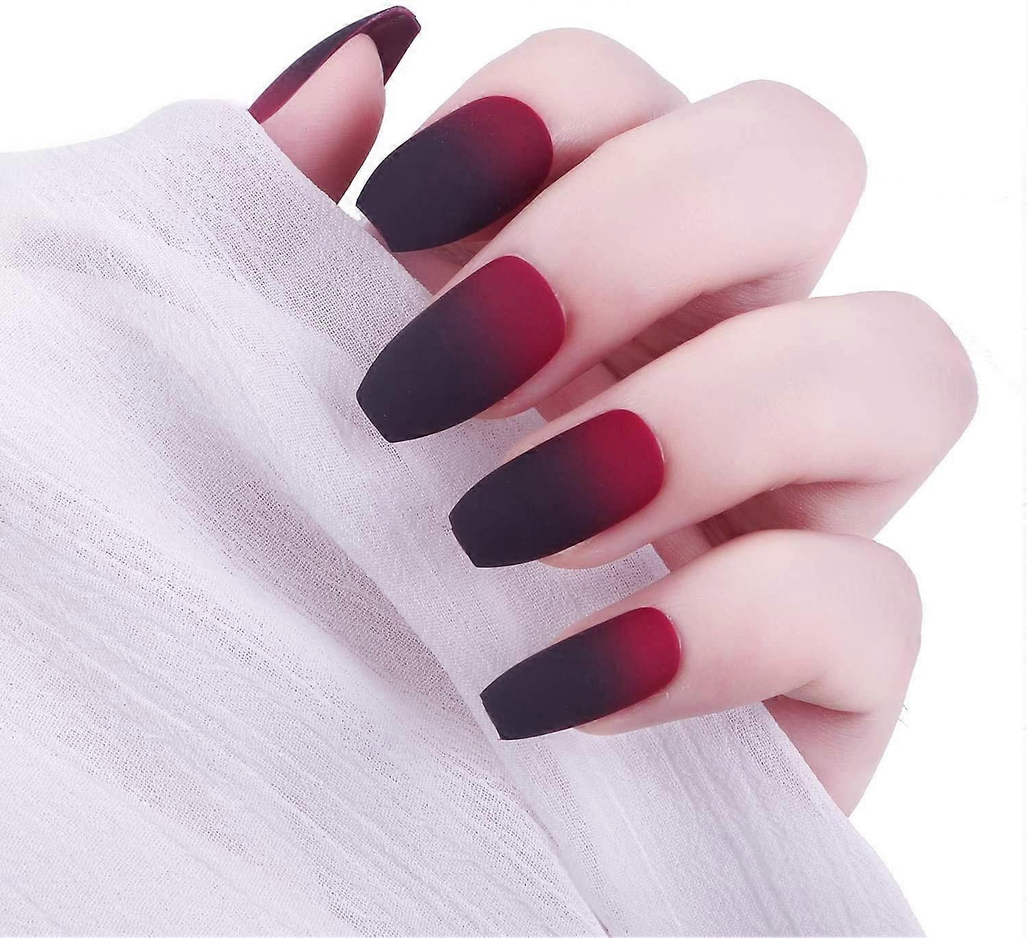 24PCS Matte Black Red Gradient Press on Fake Nails Ballet Coffin Short False Nails NiMette Coffin Medium