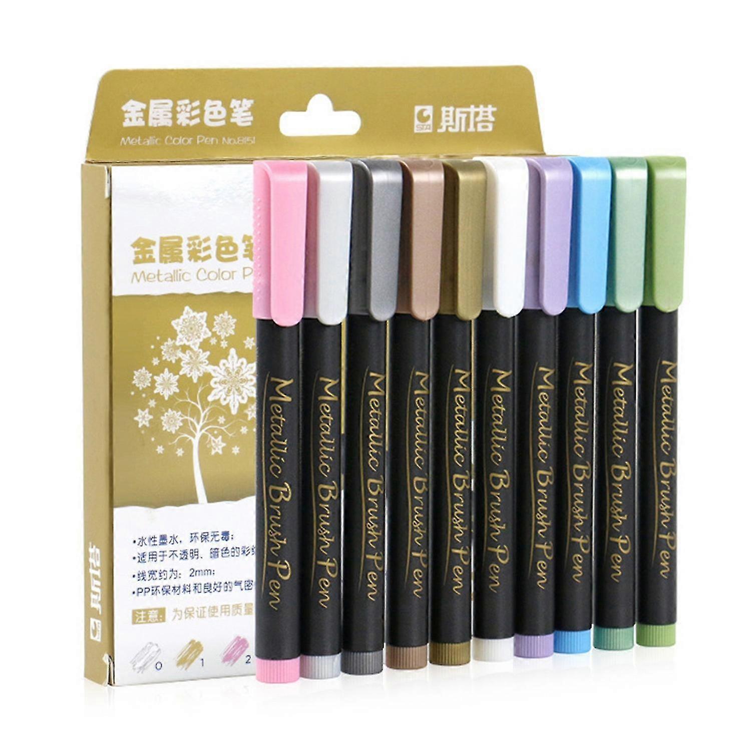 10 Colors Acrylic Paint Metallic Markers Set Water-Based Fine Point Art Marker 2mm Tip Quick Dry Non