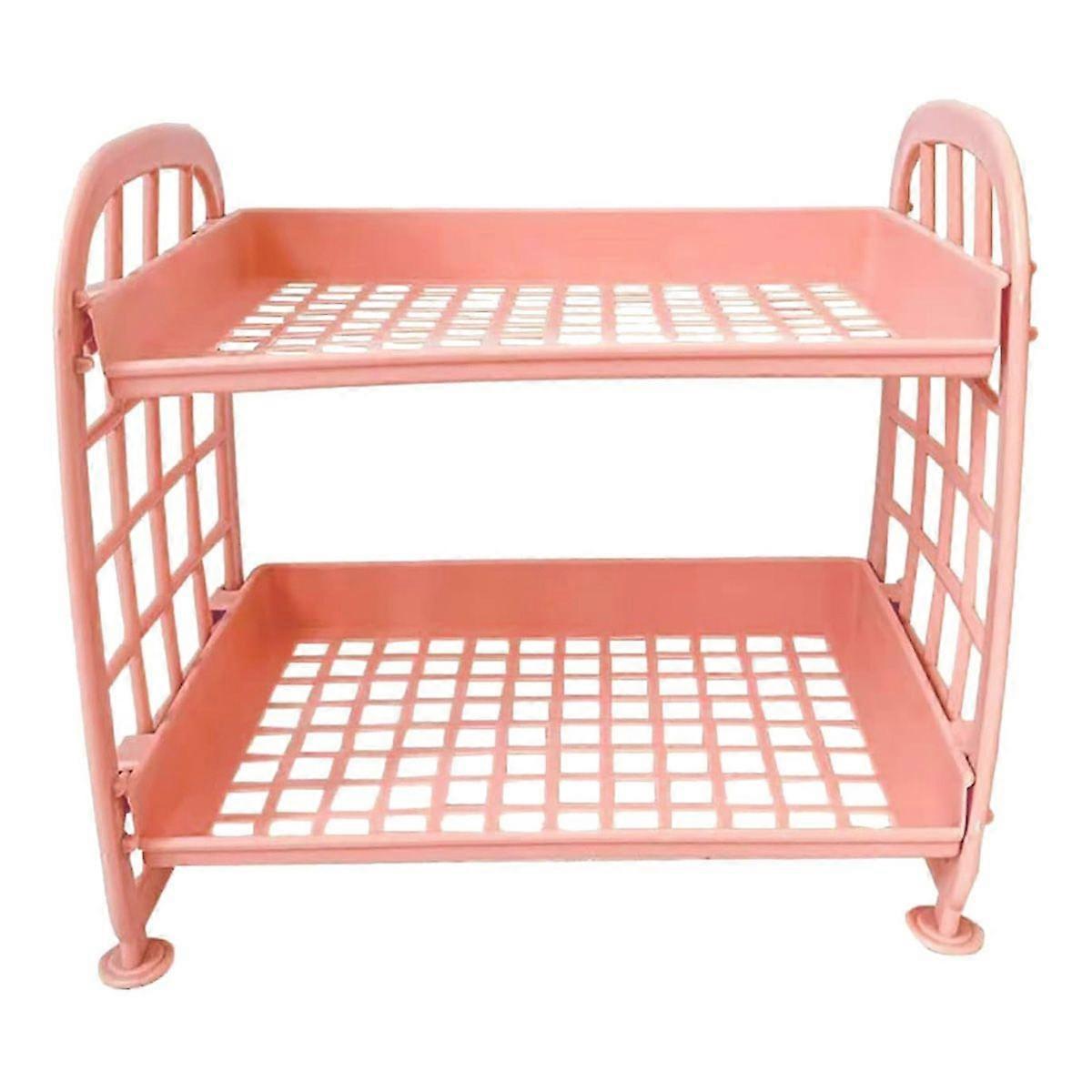 2 Layer Desktop Shelf Side Guardrail Design Foldable Double Layer Stacking Cosmetic Stationery Storage HolderPink