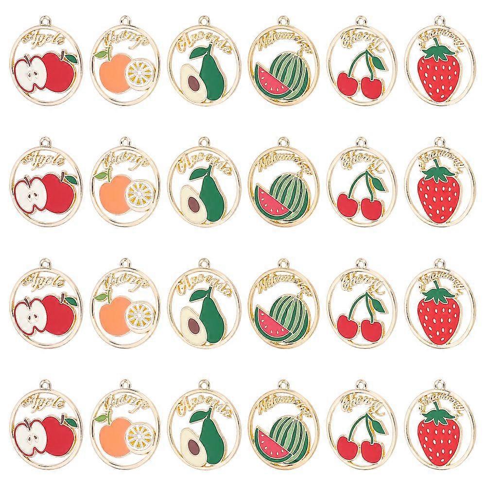 1Box NBEADS 24 Pcs 6 Styles Alloy Fruits Enamel Charms Alloy Open Bezel Charms Round Light Gold Frame Word with Fruits Enamel Charms Pendants for DIY 