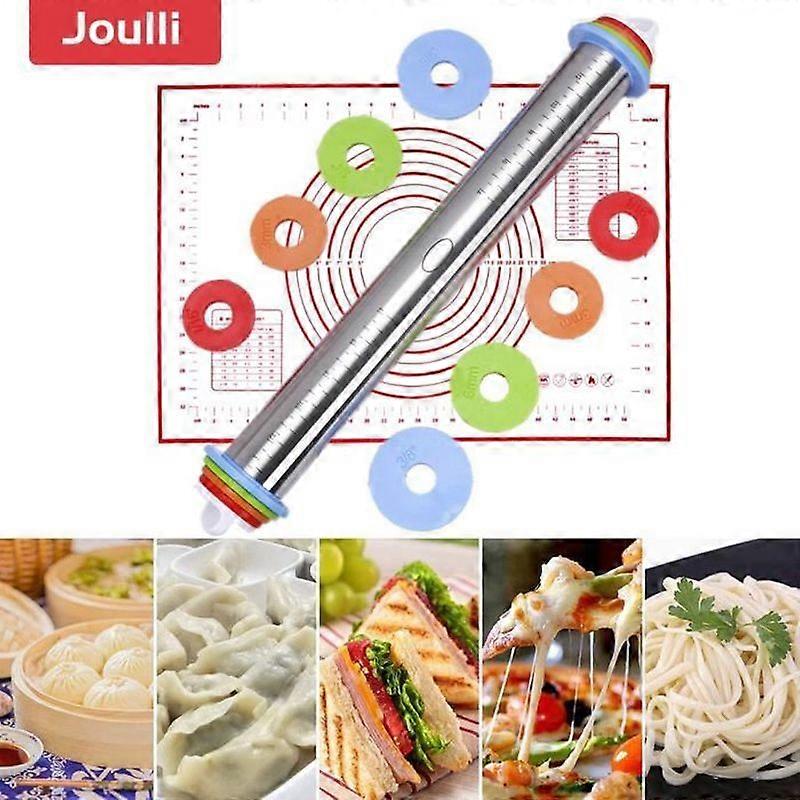 JOULLI Adjustable Stainless Steel Rolling Pin with 4 Adjustable Thickness Rings