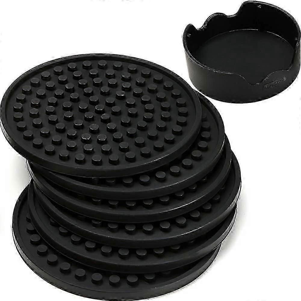 Coasters For Drinks - Set of 6 with Holder, Black - Protect Furniture From Water Marks or Damage - Deep Tray and Rim Catch Cold Drink Sweat Without Sp