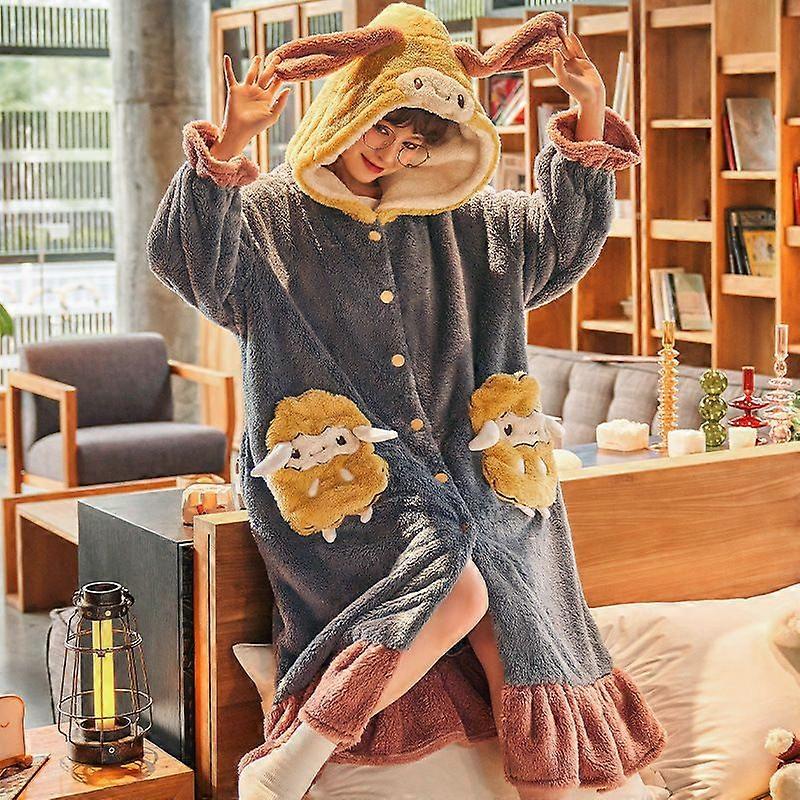 2022 Vinterpyjamas för kvinnor Tecknad huva lång manteljacka Söt hemkläder Sovkläder Kawaii Flanell Varm Bekväm Lounge Badrock