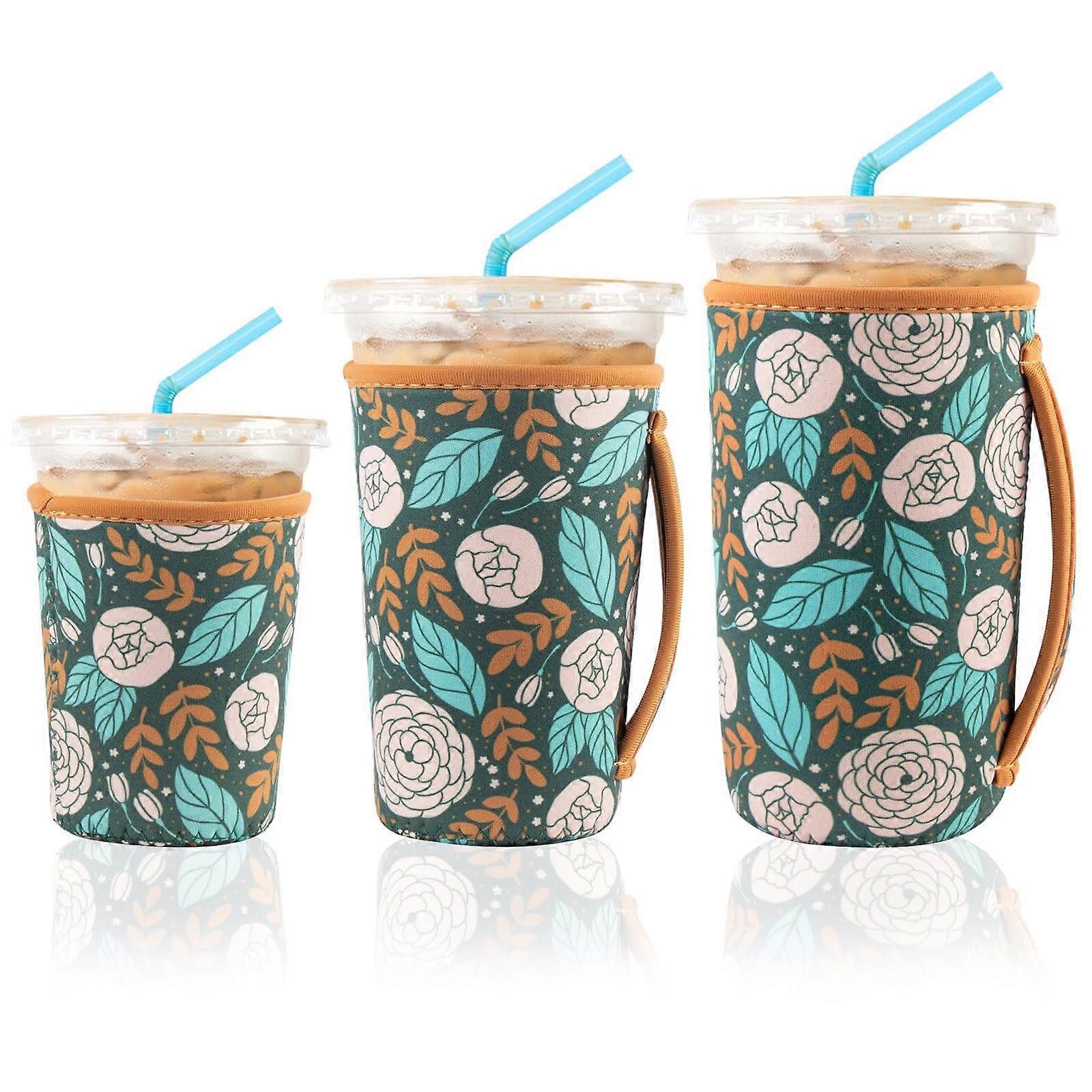 3-piece reusable neoprene coffee cup sleeve with rose pattern