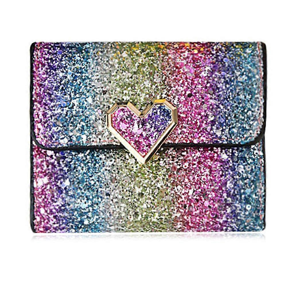 Multicolor Metal Sequins Mini Wallet For Women PU Leather Wallet With Heart Button Hasp Money And Card Bag Large
