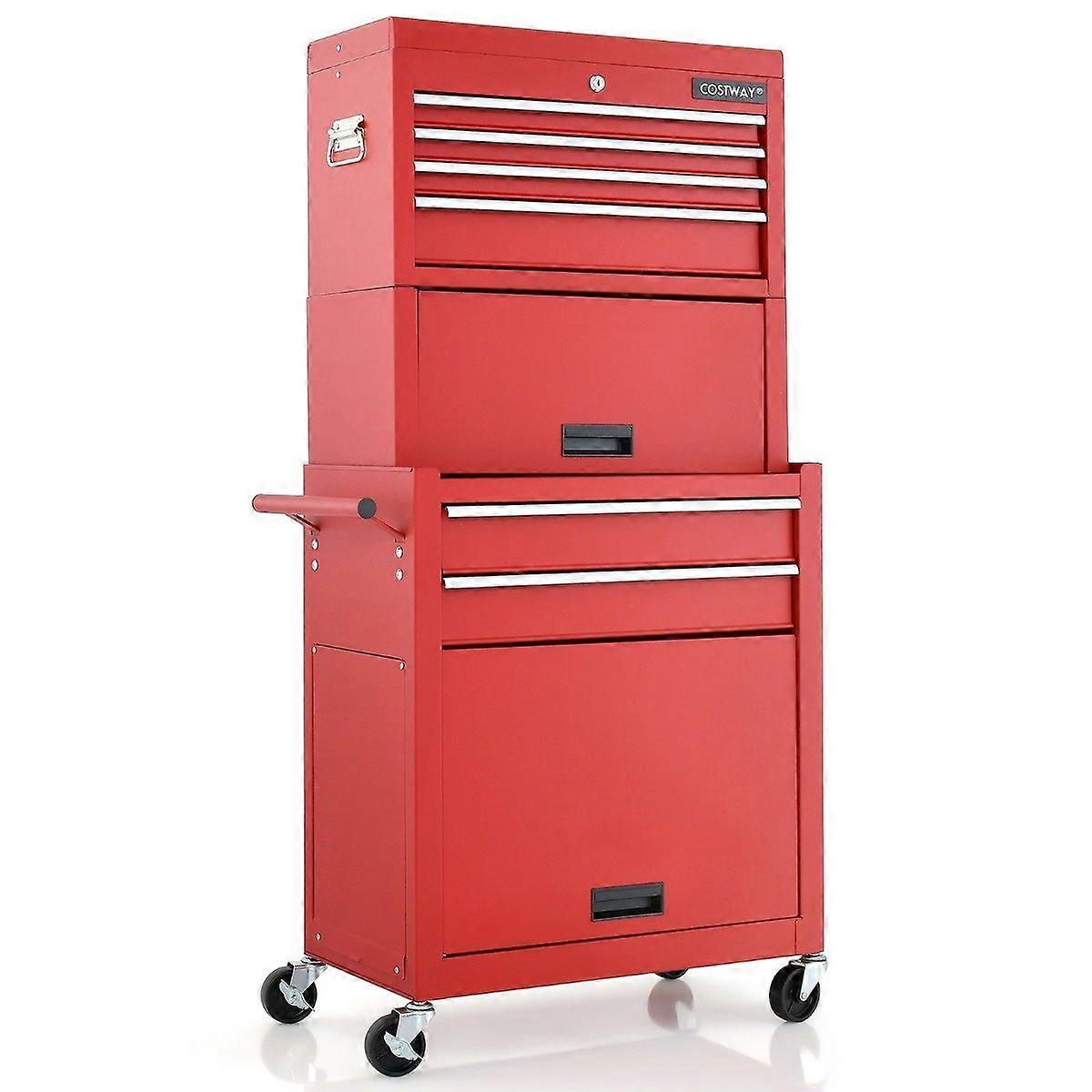 Lockable 2-in-1 toolbox with high-capacity handle, 6 drawers and 4 wheels, removable red