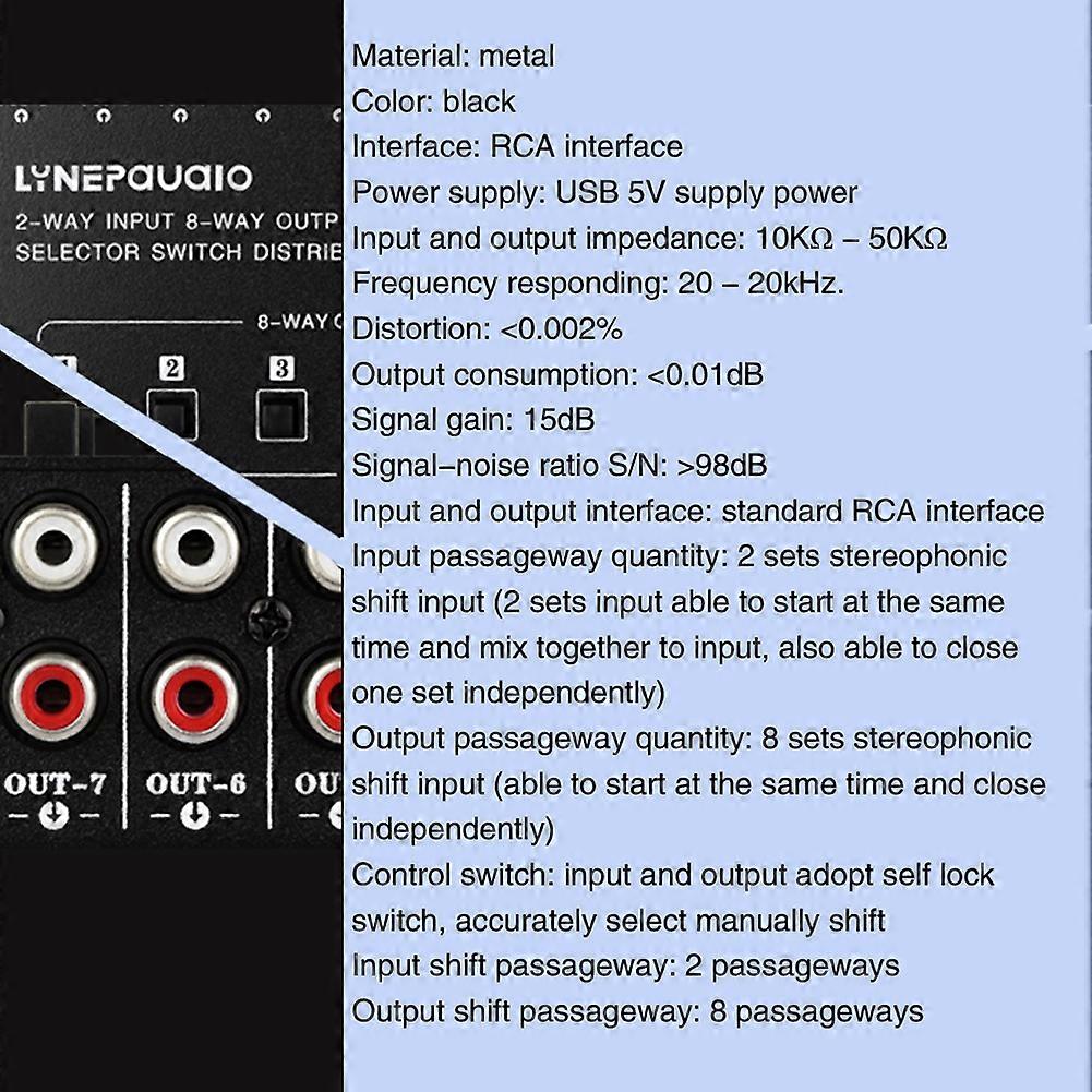 2 in 8 Out Audio Frequency Signal Selector Shift Device RCA Interface