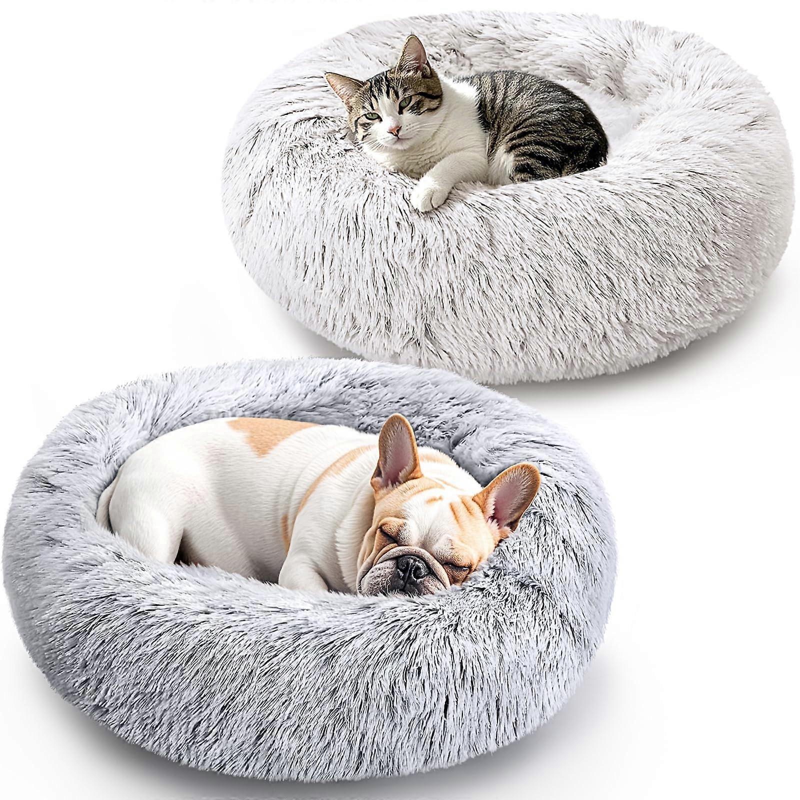Calming Donut Bed for Cats 20-Inch Indoor Cuddling Sleeping Lounge - 2 Pack Soft Plush Round Style