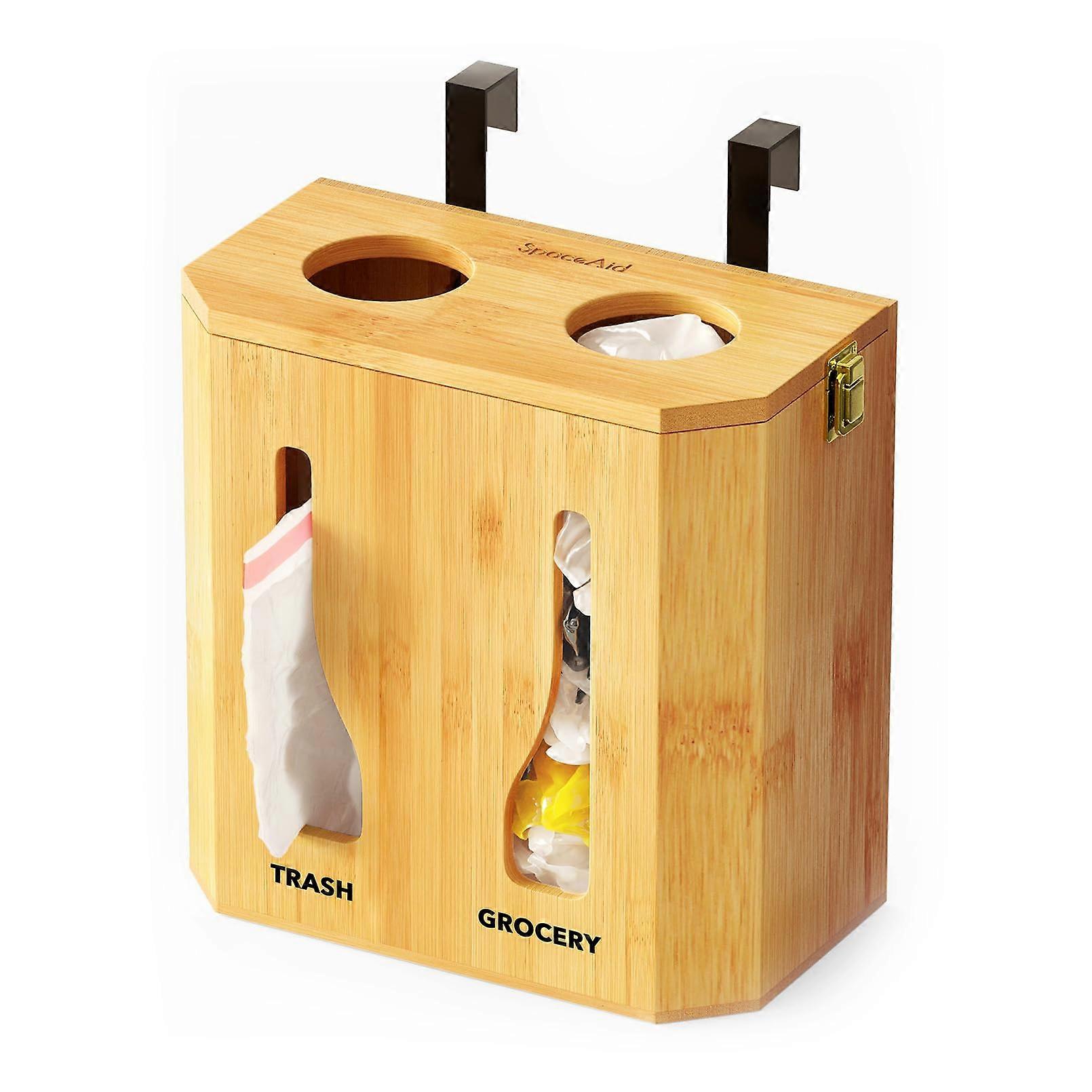 Bamboo Grocery Bag Holder and Trash Bag Dispenser for Kitchen Organization Under Sink Storage Solution