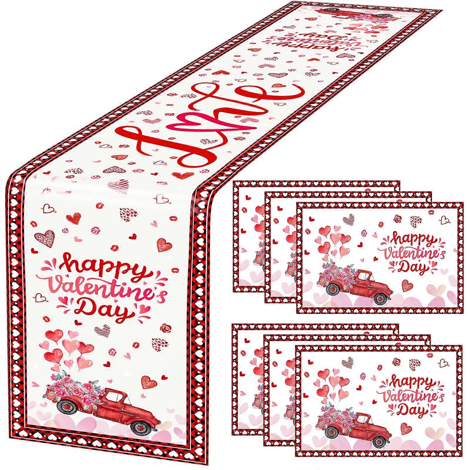 Valentine's Day Decoration Set with Tablecloth, American Dinnerware, Red and Pink Theme, 60"x84" Fabric