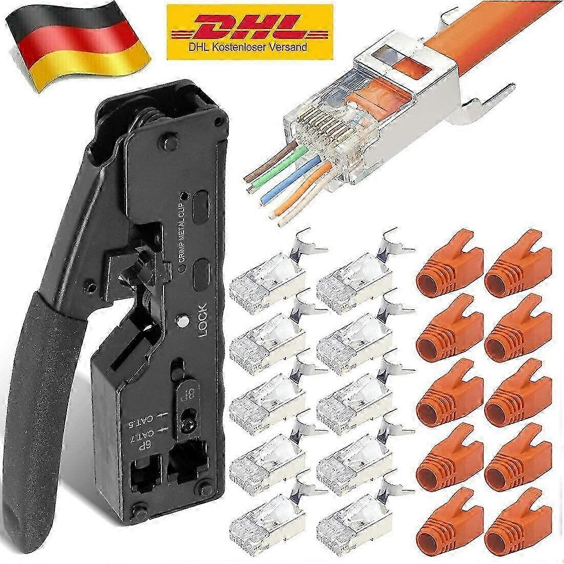 RJ45 Crimpzange + 10 Cat7 Stecker Set Netzwerk Werkzeug Lan Kabel Zange Cat 7 /6