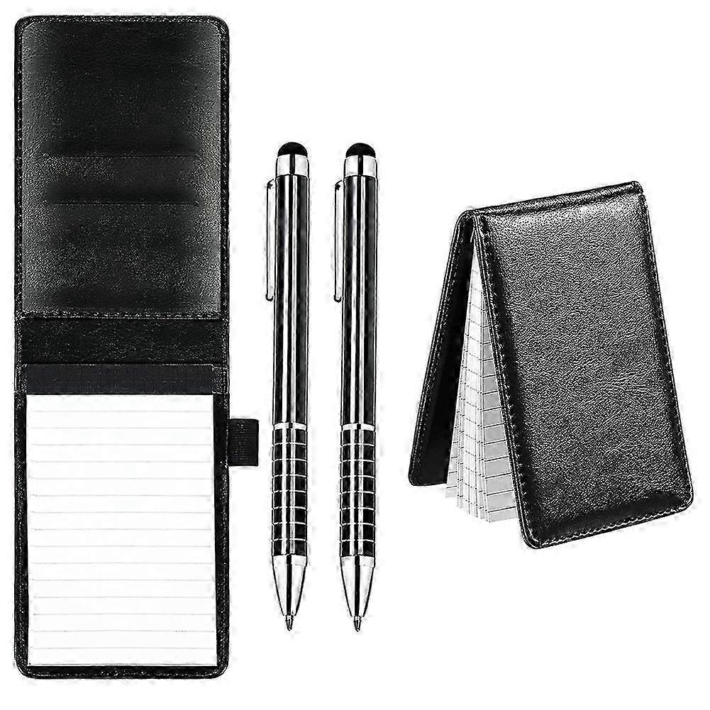 2 Pcs Black Mini Pocket Notepad Pu Business Notebook Notepad Multi-function Notebook With Pen With 50 Lined Sheets