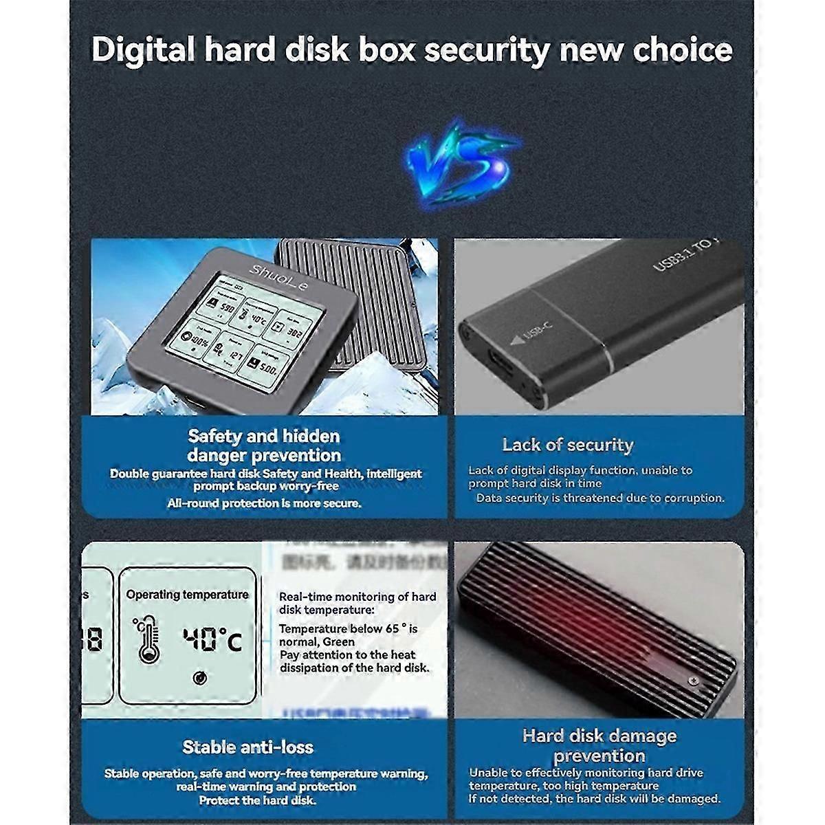 M.2 NVME SSD Enclosure with Screen Display USB 3.2 Gen2 Type-C 10 Gbps External M2 Case Only for 2