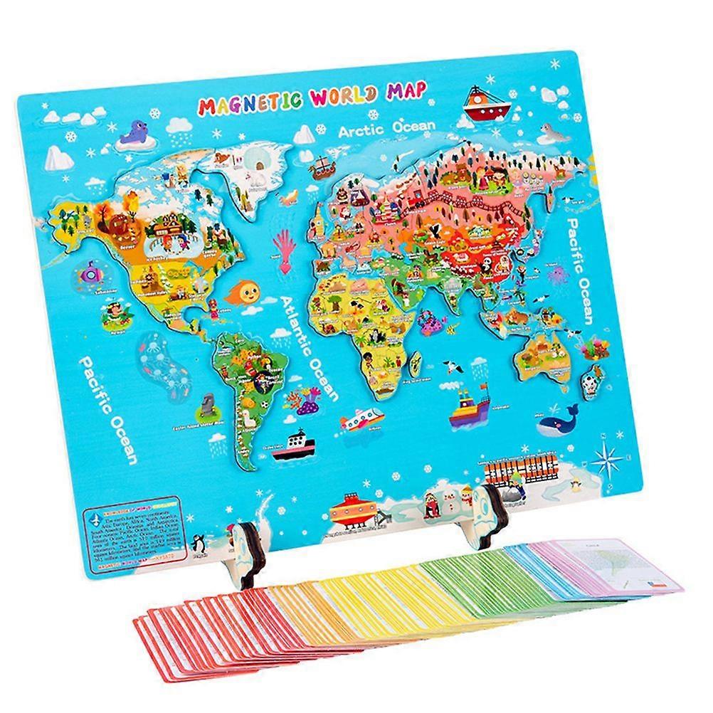 World map magnetic puzzle, children's wooden puzzle, country flashcards and national flags, introduction and learning toys