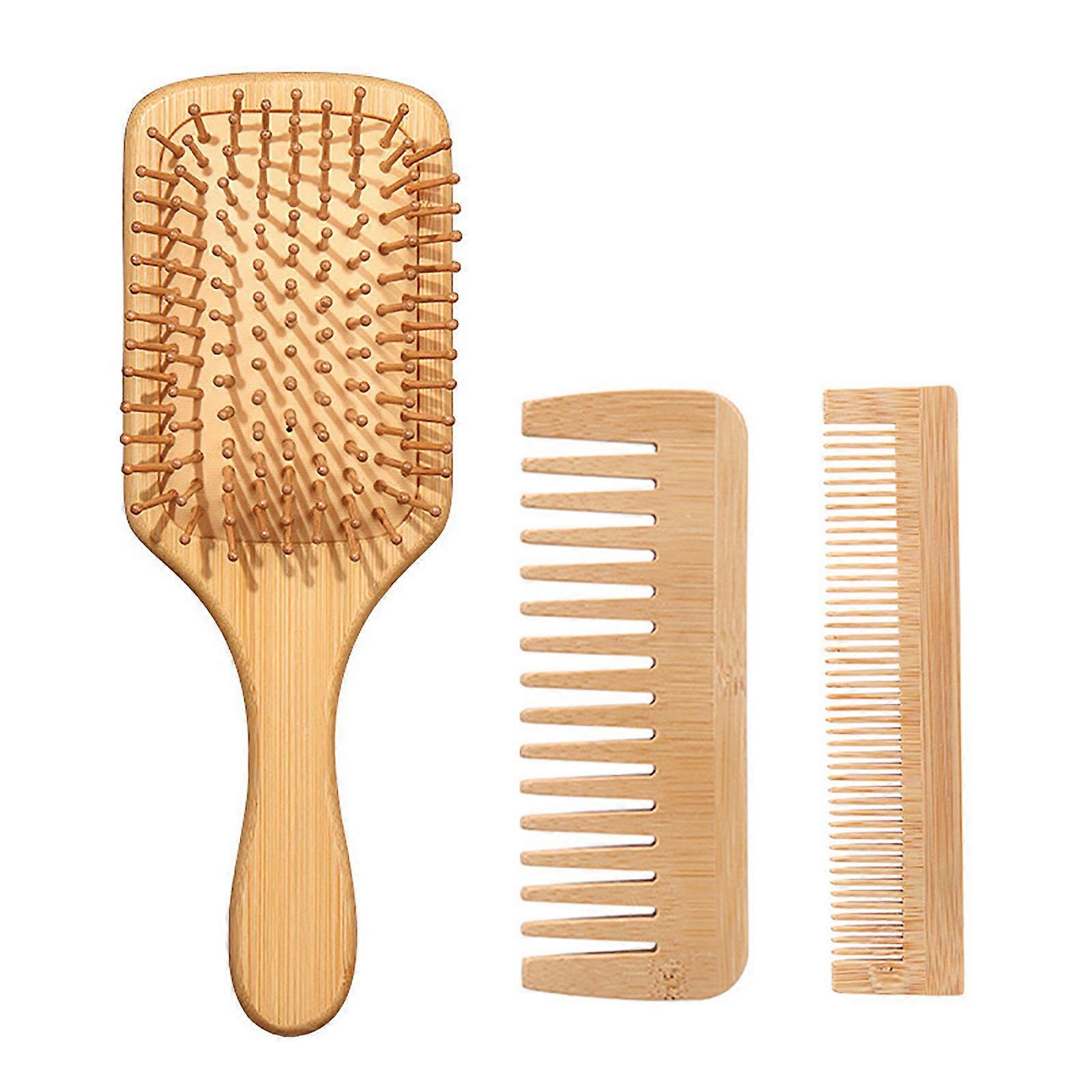 Ensemble de 3 brosses à cheveux en bambou conviviales avec démêlant à palette et peigne pour masser le cuir chevelu et lisser les cheveux