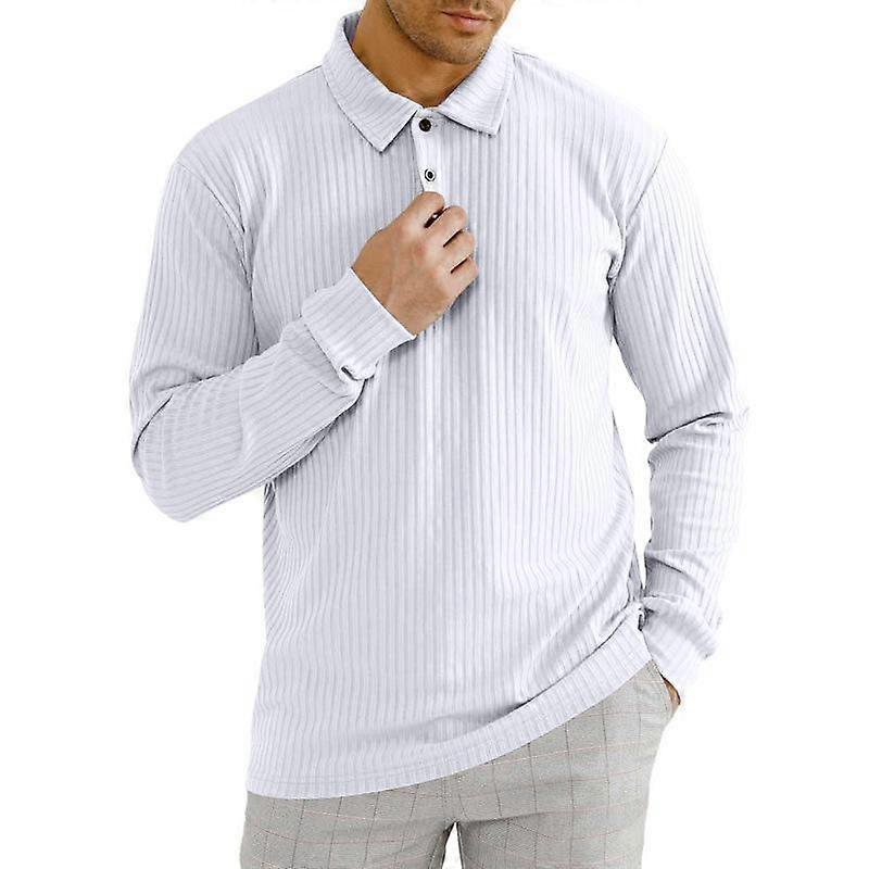 Men's Spring Autumn Solid Color Tops White Black Elastic Knitted Shirts Long Sleeve Button Polo Collar Shirt