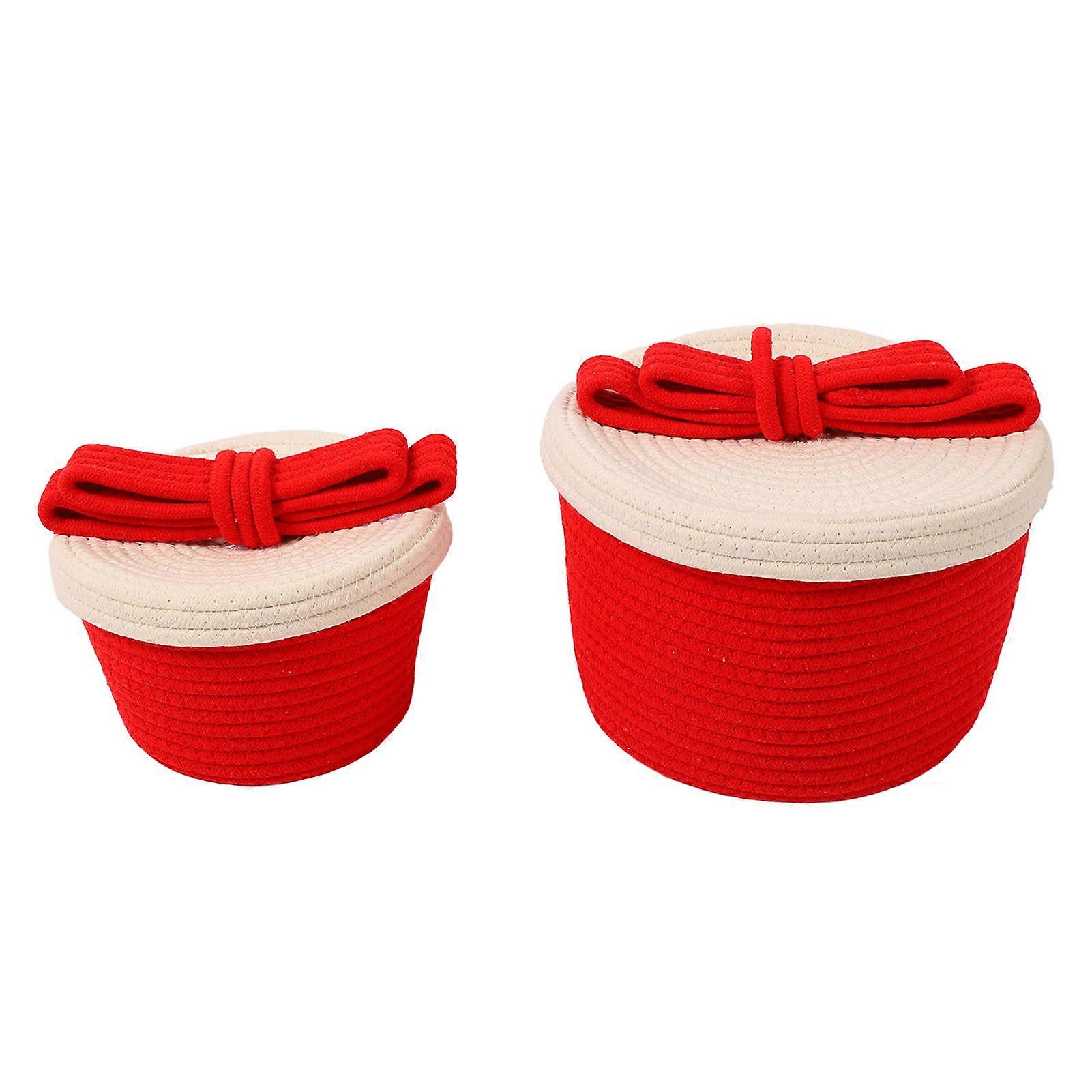 2 set di cestini in corda di cotone intrecciati a mano rossi, 26x22x17 e 21x17x13cm