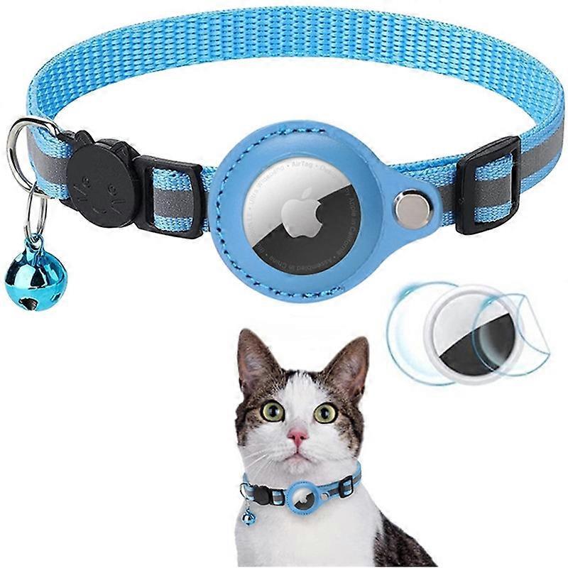For AirTag PU Leather Case Reflective Pet Collar GPS Tracker Protective Cover with Bell - Sky Blue
