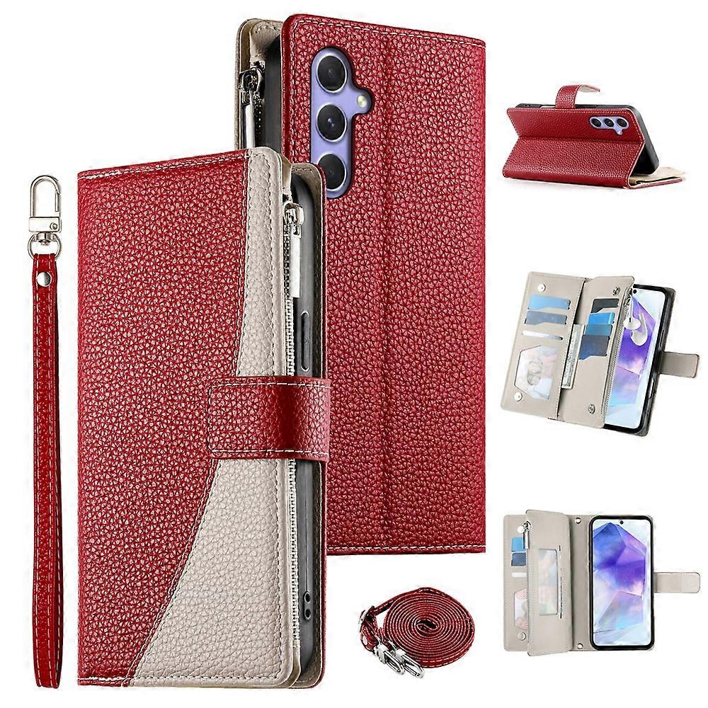 Compatible For Samsung Galaxy A55 5G Case Zipper Wallet Color Splicing Leather Flip Phone Cover with Straps