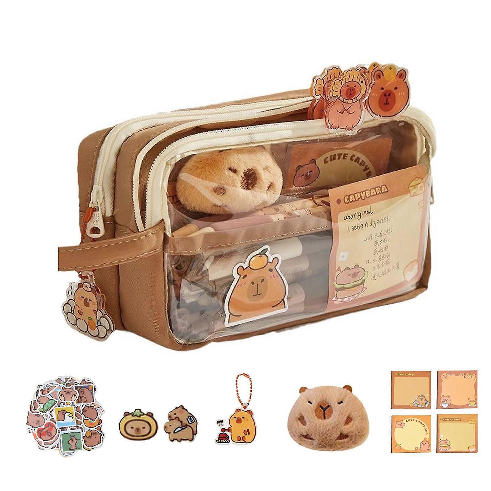 Capybara Aesthetic Pencil Case - Large Capacity Transparent Design, Multi-Layer School Supplies in Coffee Brown Color