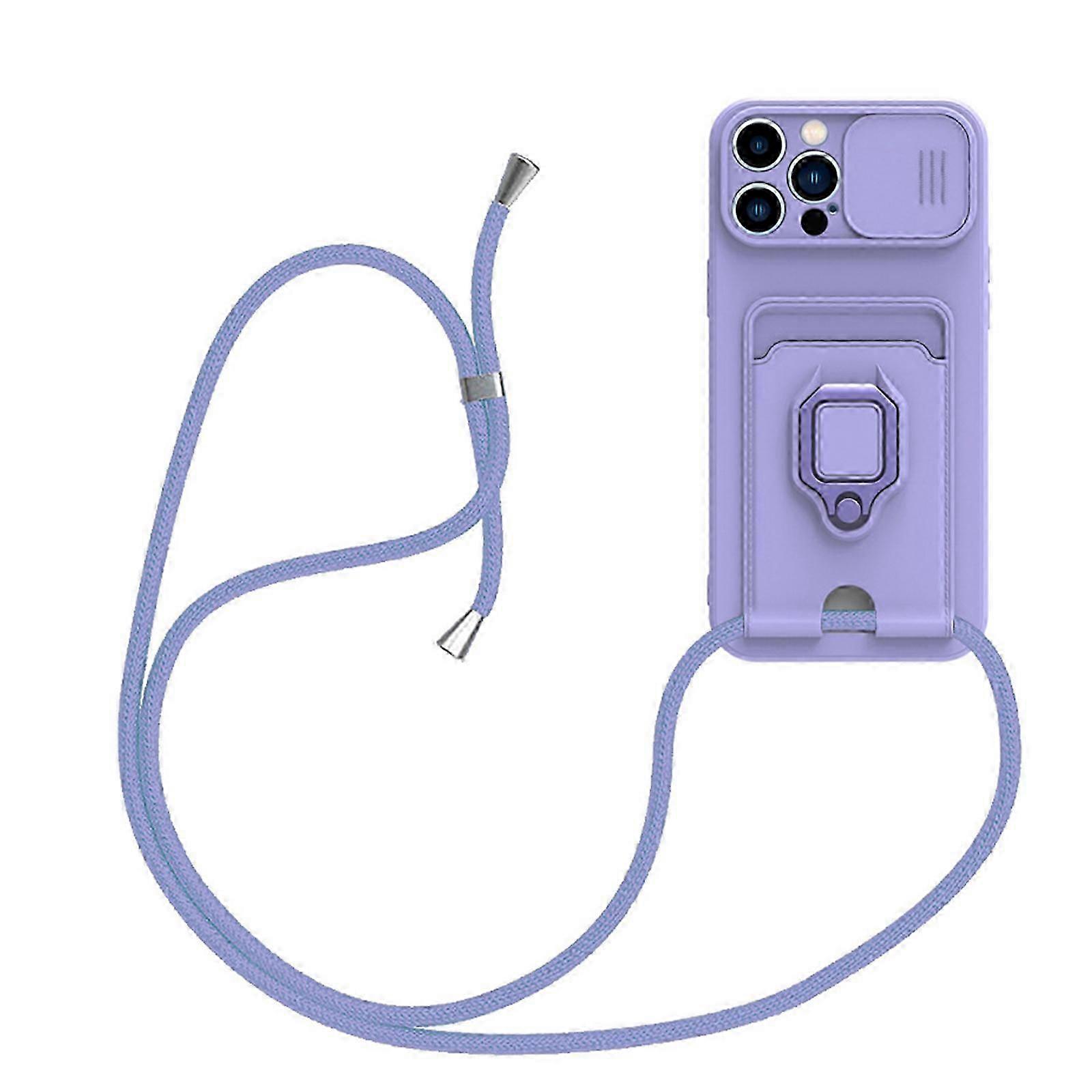 Crossbody Strap for iPhone 15 Pro Max/15 Ultra Case with Card Holder Ring Kickstand, Scratch-Resistant Shockproof Slide Lens Camera Protection Case