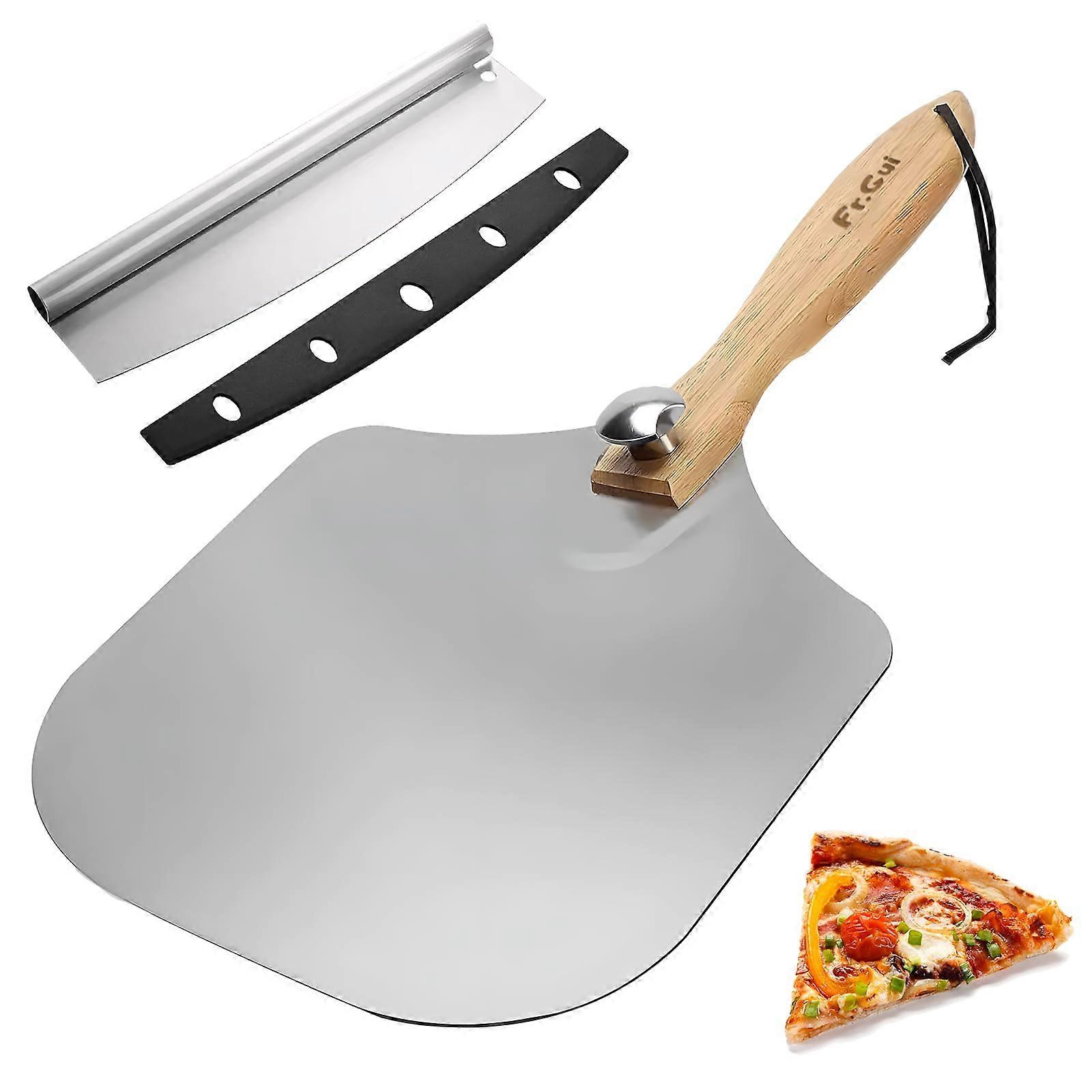 Pizza Peel Set 12 Inch Aluminium Pizza Shovel with Removable Wooden Handle and Professional Pizza Cutter Accessories