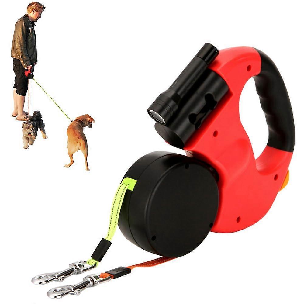 Double leash for 2 dogs, retractable double dog leash with LED light, 3m, reflective, 360° rotation