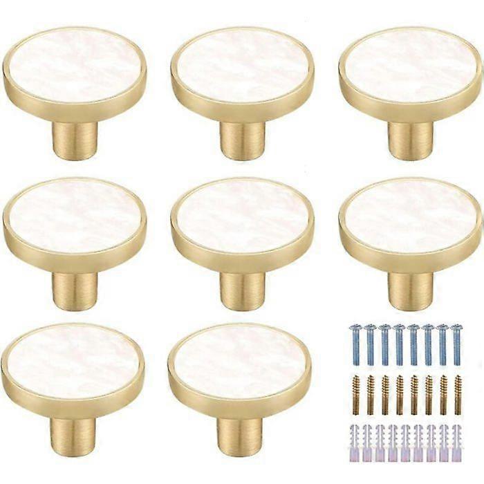 Set of 8 White Marble Brass Round Cabinet Knobs - White Decorative Drawer Knobs - Gold Dresser Knobs for