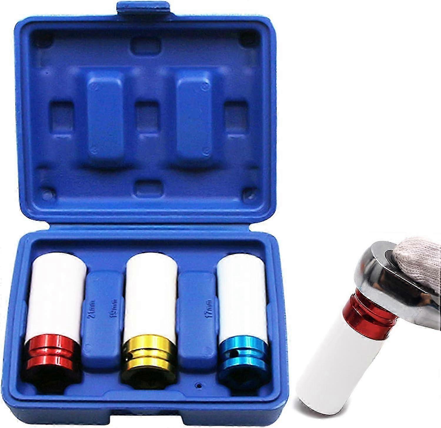 Clamping Socket Set, Alloy Wheel Impact Sockets Screwdriver Bit, Tire Sleeve Color 17mm 19mm 21mm