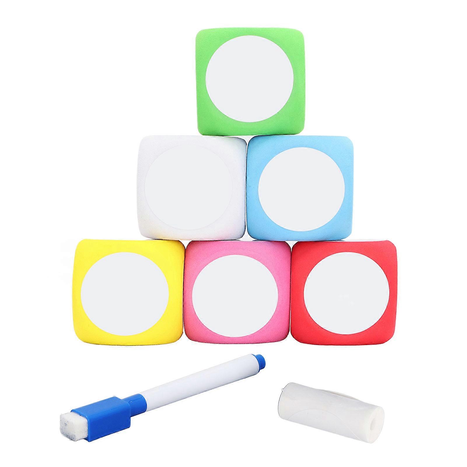 6 Pieces Erasable Blocks Set Stickers Pen Write Letters Numbers Blank EVA Dices with Storage Bag
