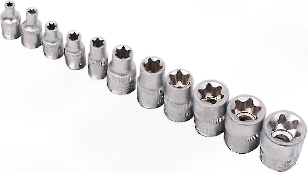 Torx Socket Set, 11-Piece Hex Interior & External Rail, E4-E20, 1/4in 3/8in Drive, Silver