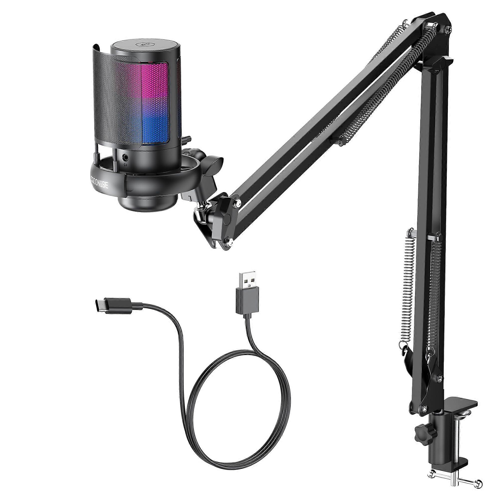Gaming Microphone PC RGB with Arm, USB for PS4 PS5 Mac, Mute Switch, Headphone Jack, Volume Control