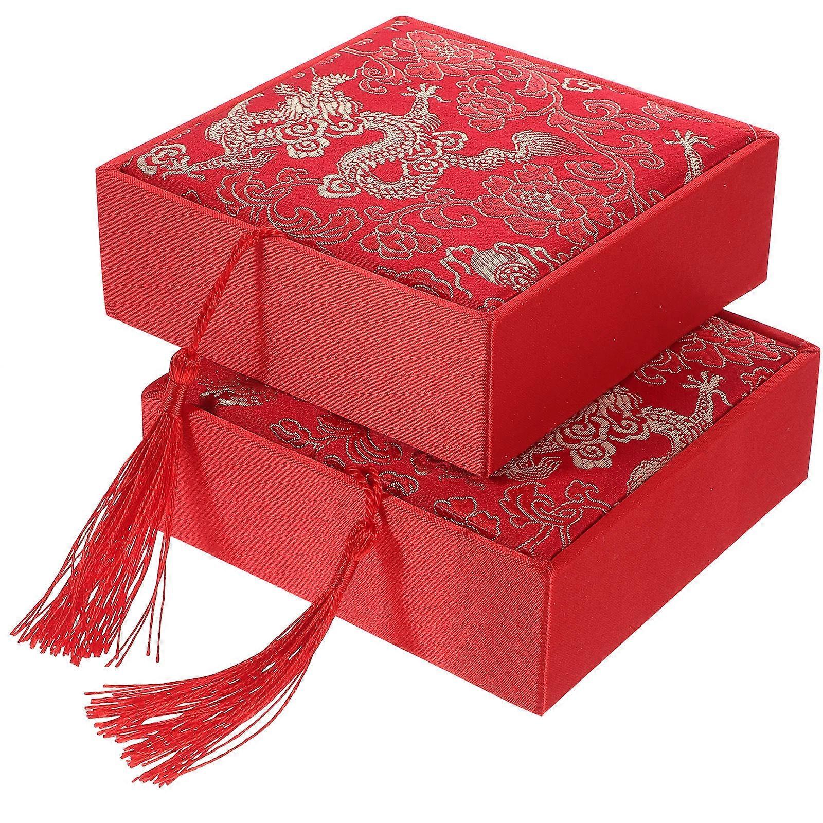 Brocade Jewelry Case 2Pcs Dustproof Bangle Holder For Display In Elegant Chinese Style With Red Background
