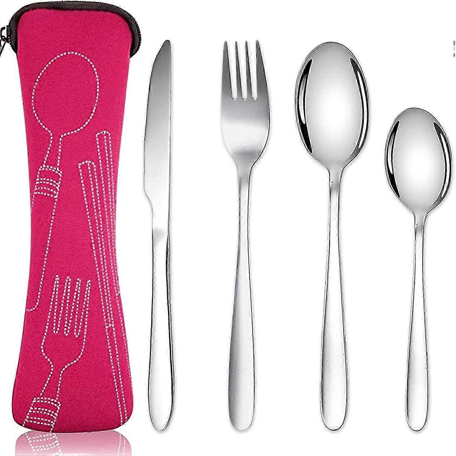 Set di posate con custodia portatile, set di posate in acciaio inossidabile Set di utensili da campeggio (4 pezzi rosa rossa)