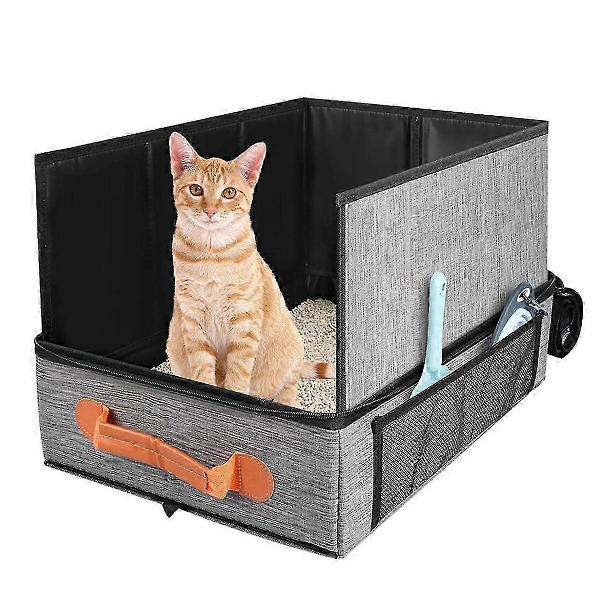 Travel Litter Box for Cats, Fold Cat Litter Box with Lid, Portable Cat Box with Zipper & Hard Botto
