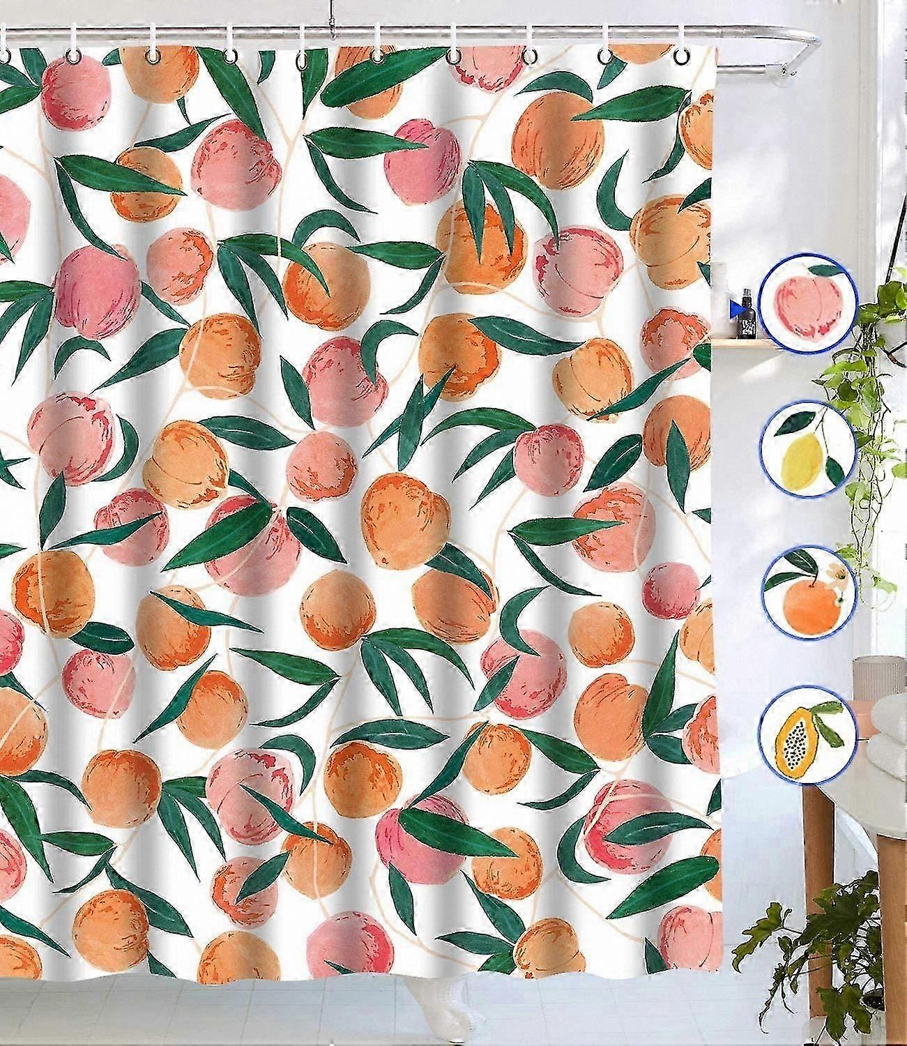 Bright Colorful Fruit Pattern Shower Curtain Set with 12 Hooks, Waterproof Fabric Bathroom Decor, Peach Theme Design