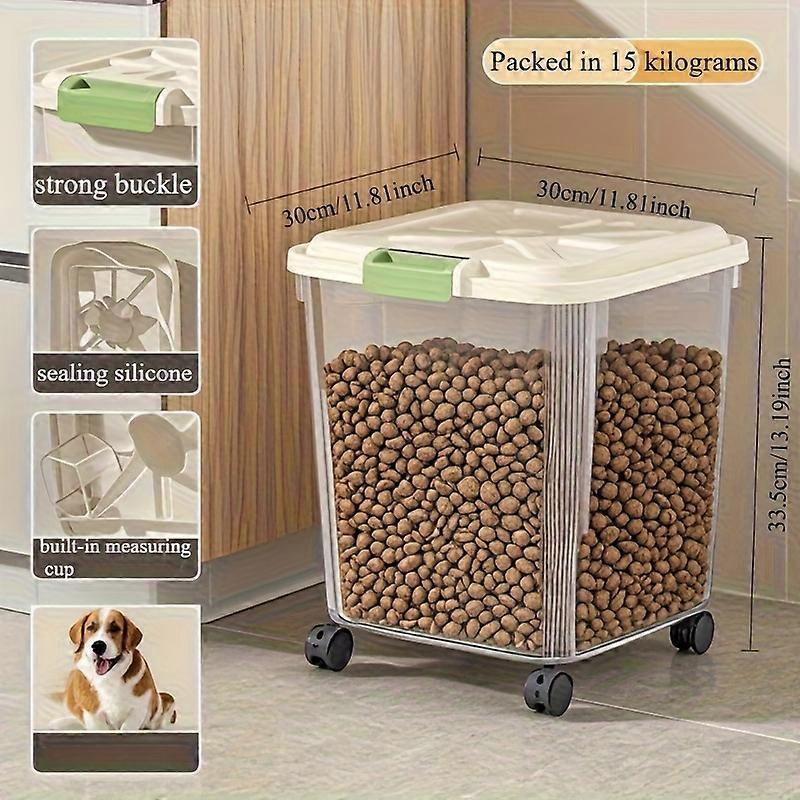 Sealed pet food storage container box with wheels and spoon, transparent rolling box for dog, cat and bird food, 2 sizes availab
