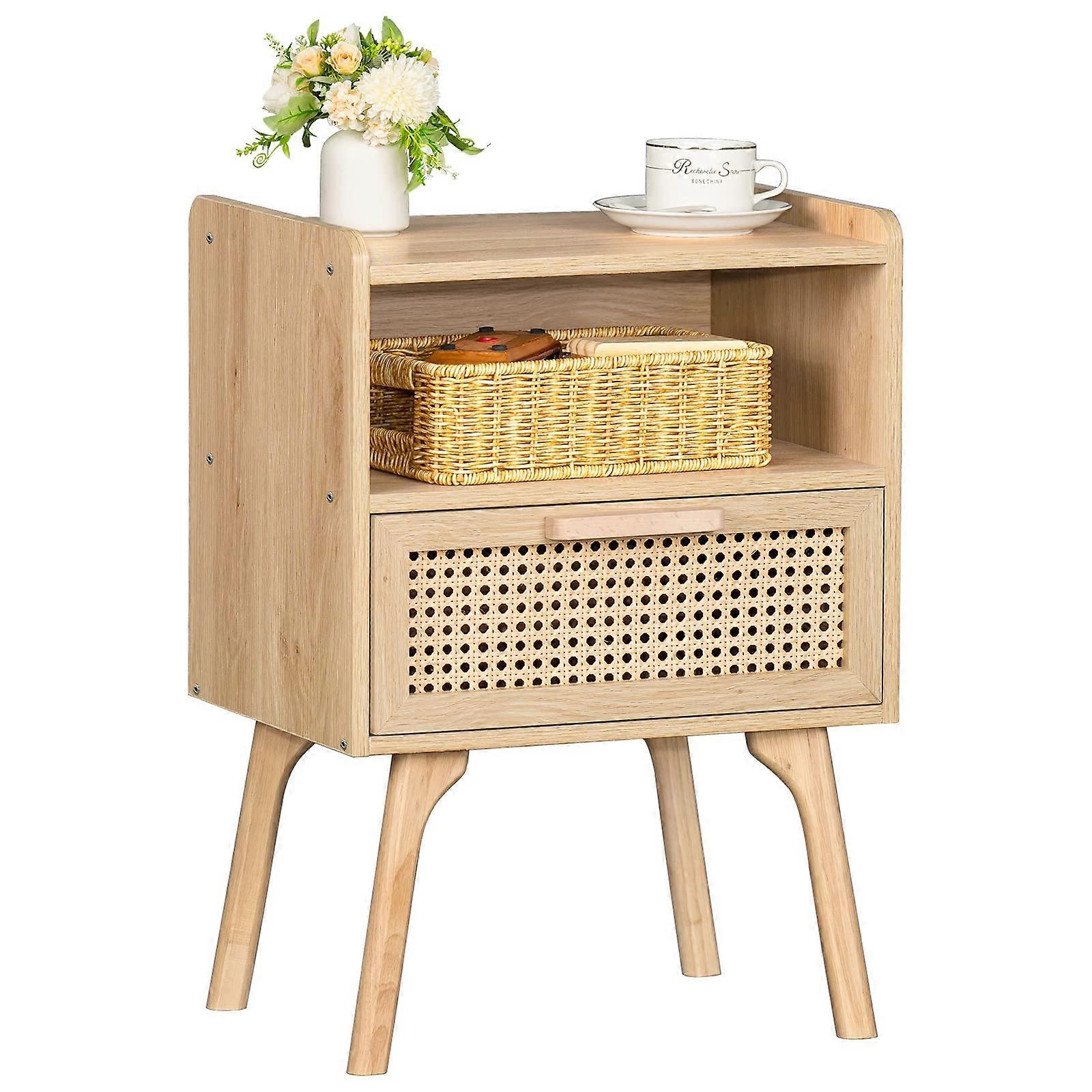 Rattan Nightstand with Drawer and Open Shelf, Boho Cane Bedside Table for Bedroom or Dorm, Solid Wood Legs, Natural 1 Pack