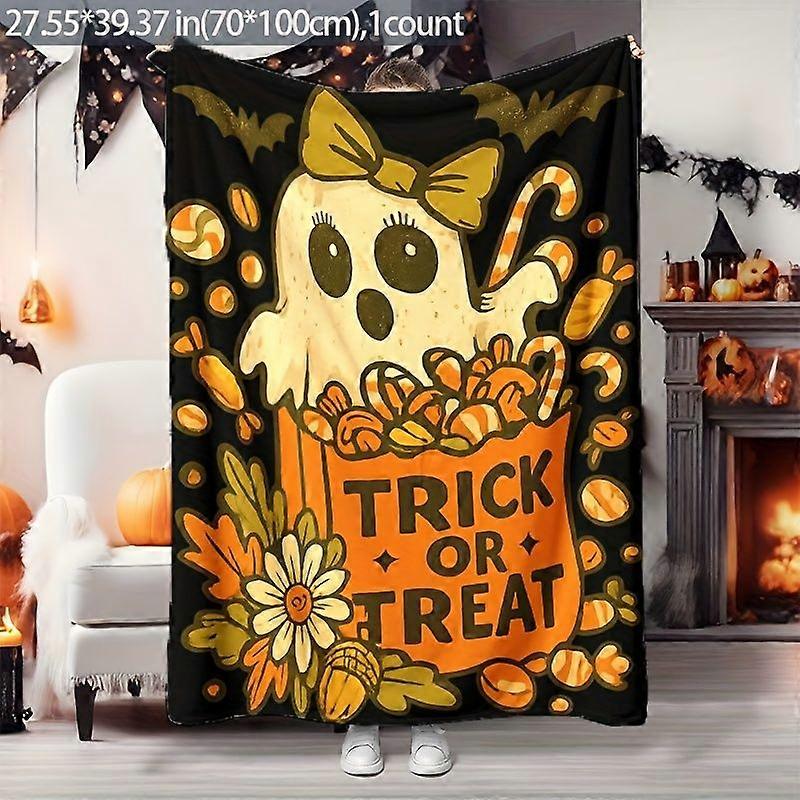 1pc Cute Candy Flannel Blanket - Soft Plush All-Season Multi-Use Bedspread with Smiling Ghosts, Lollipops & TRICK OR TRE-poiuy219
