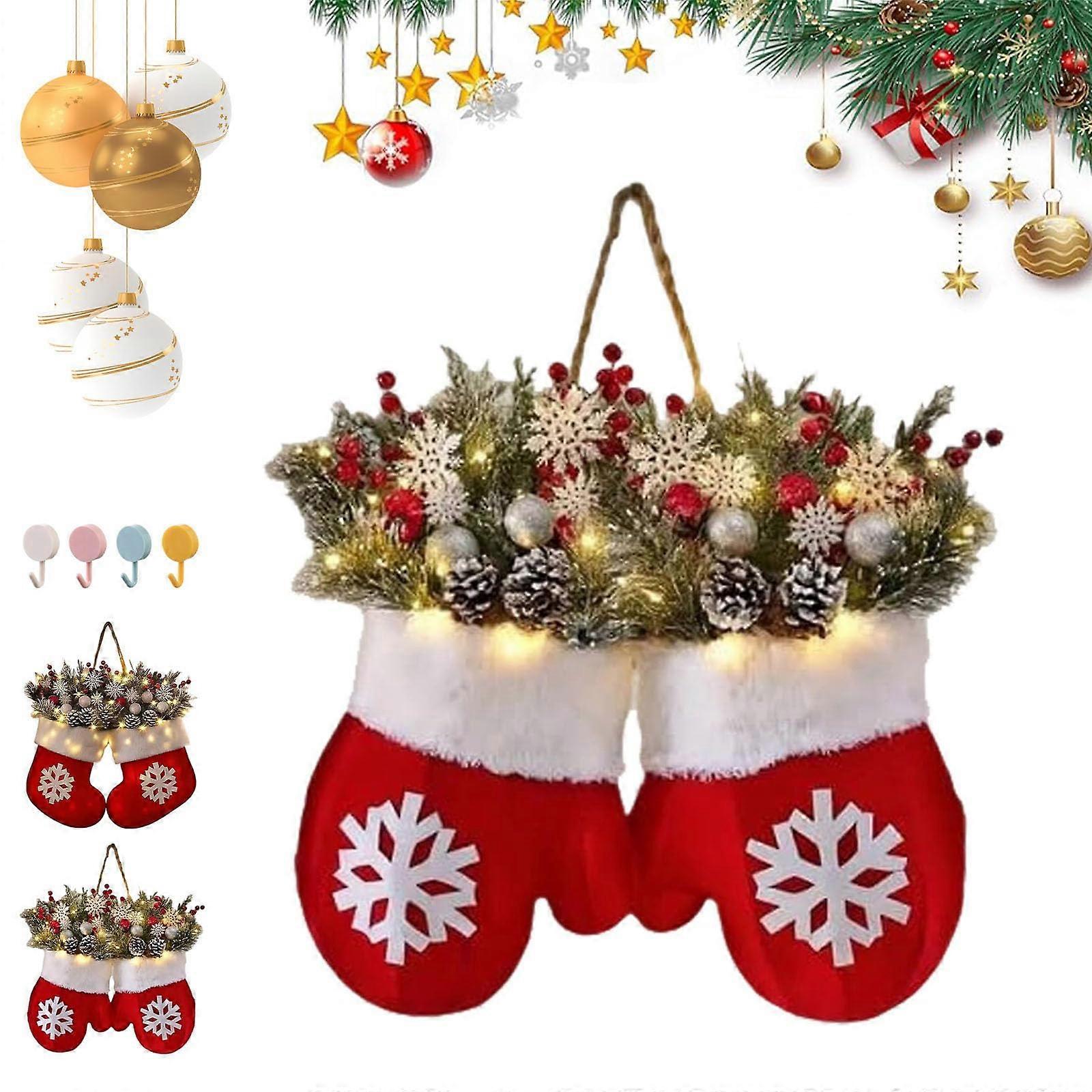 Christmas Wreath with LED Lights, Artificial Pine Branches, Red Berries, Frosted Pinecones for Front Door Decor