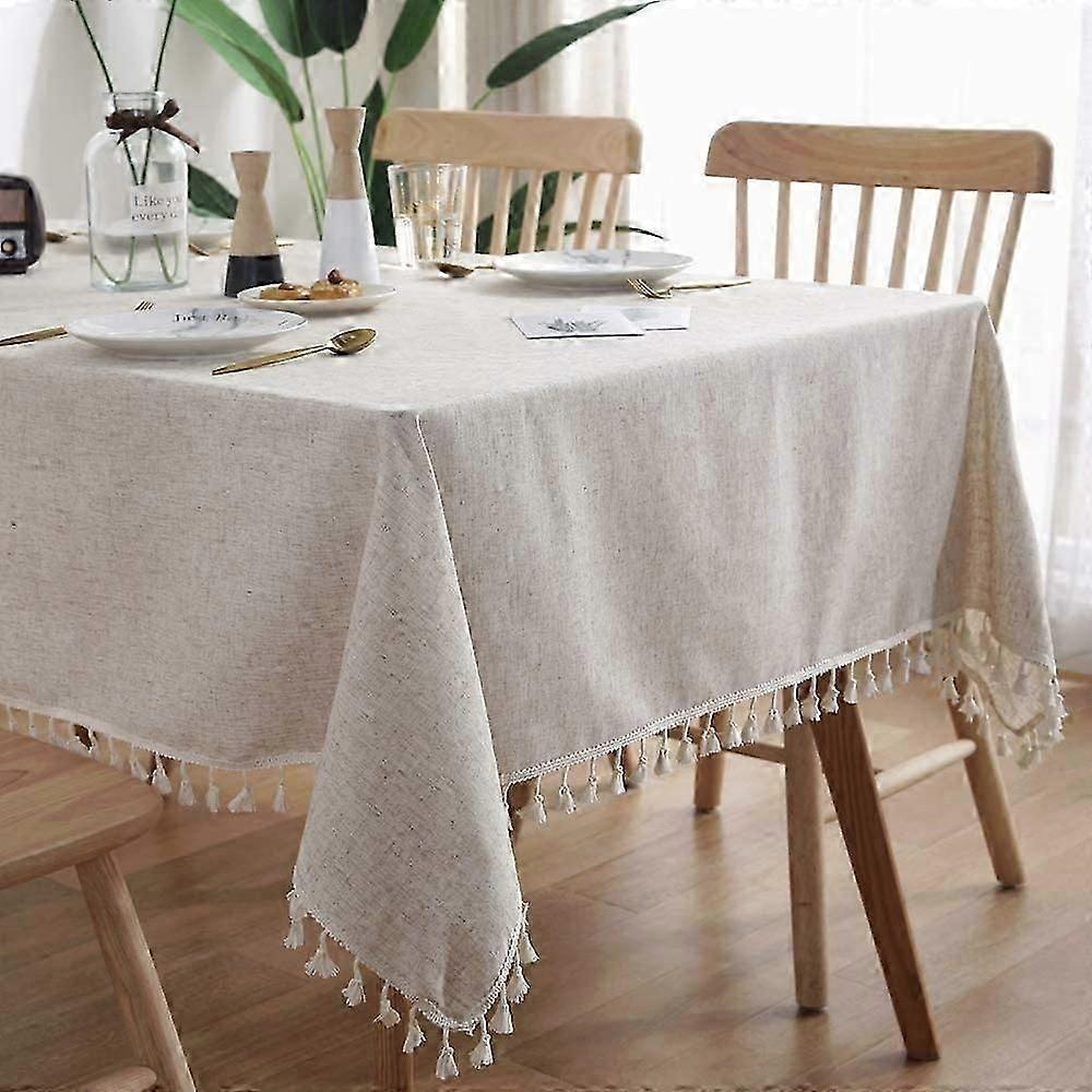 Cotton Linen Tablecloth Solid Tassel Dustproof Shrunk Kitchen Table Decoration (beige, 140x140cm)