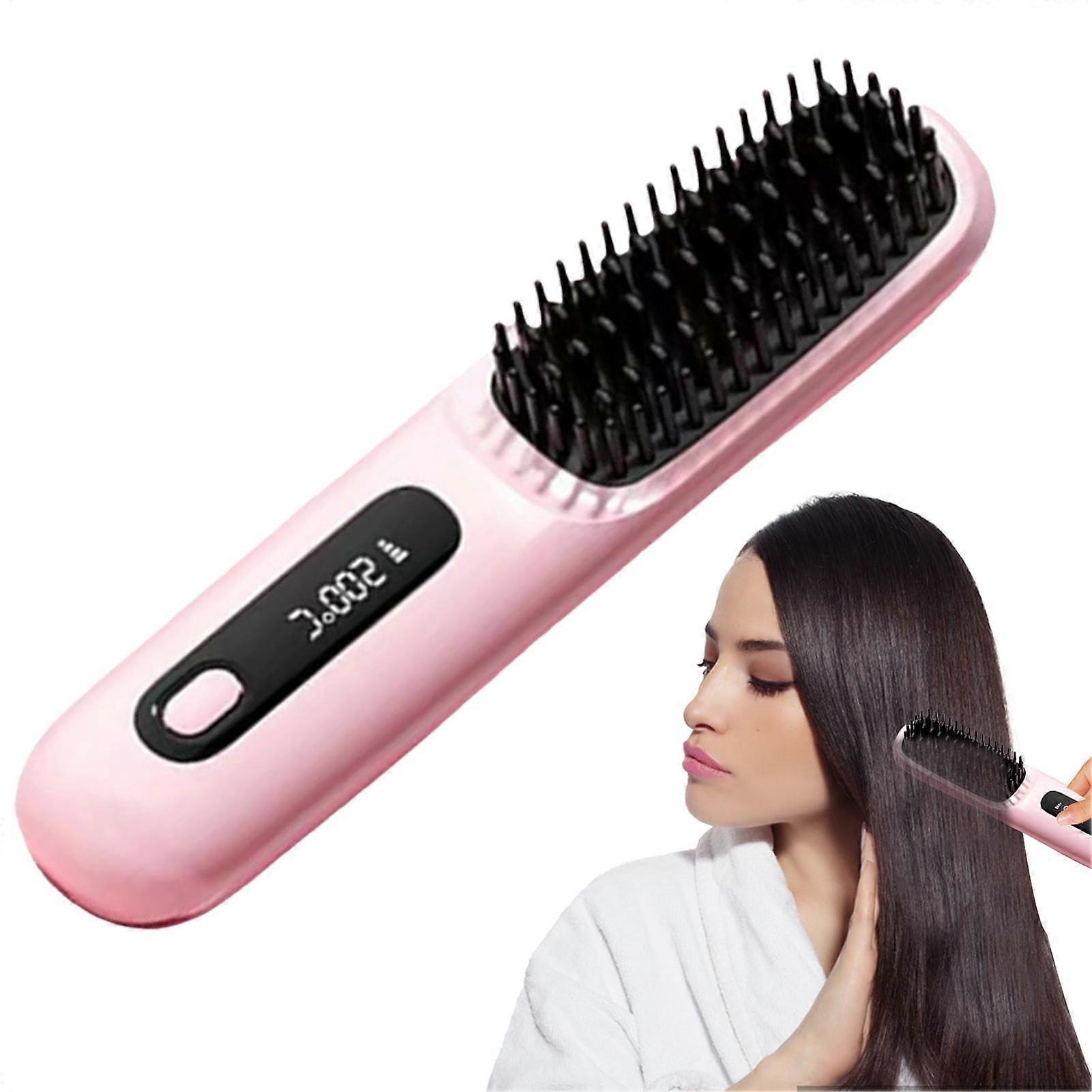 Cordless Rechargeable Hair Straightener Brush with LED Display, Compact for Home and Travel Pink