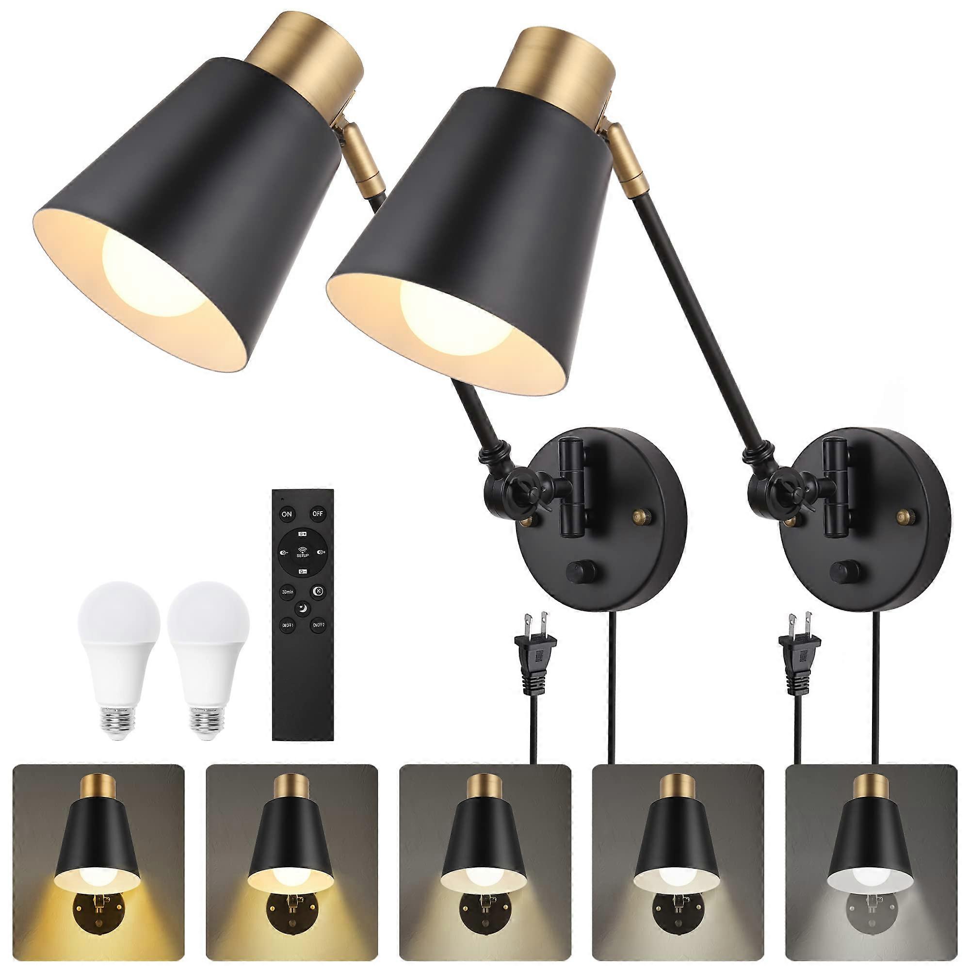 Wall Sconces with Remote, Dimmable Swing Arm LED Lamp, Adjustable Color Temp, Timer, Set of 2