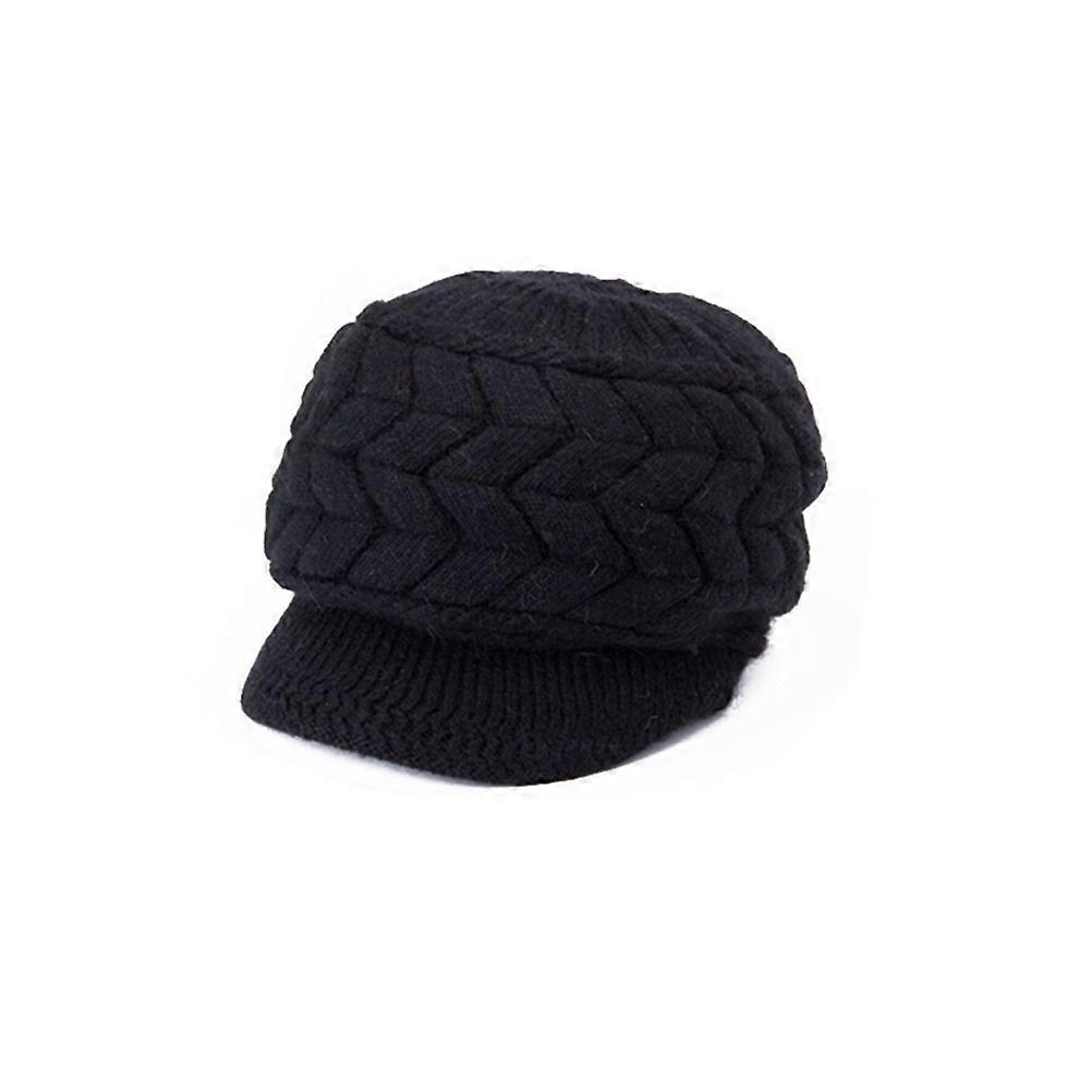 Women Warm Hat Wool Winter Warm Knit Cap with Visor Black