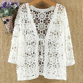 Women Crochet Lace Shrug Cardigan Top Hollow Out Knitted 3/4 Sleeve Shawl Coat