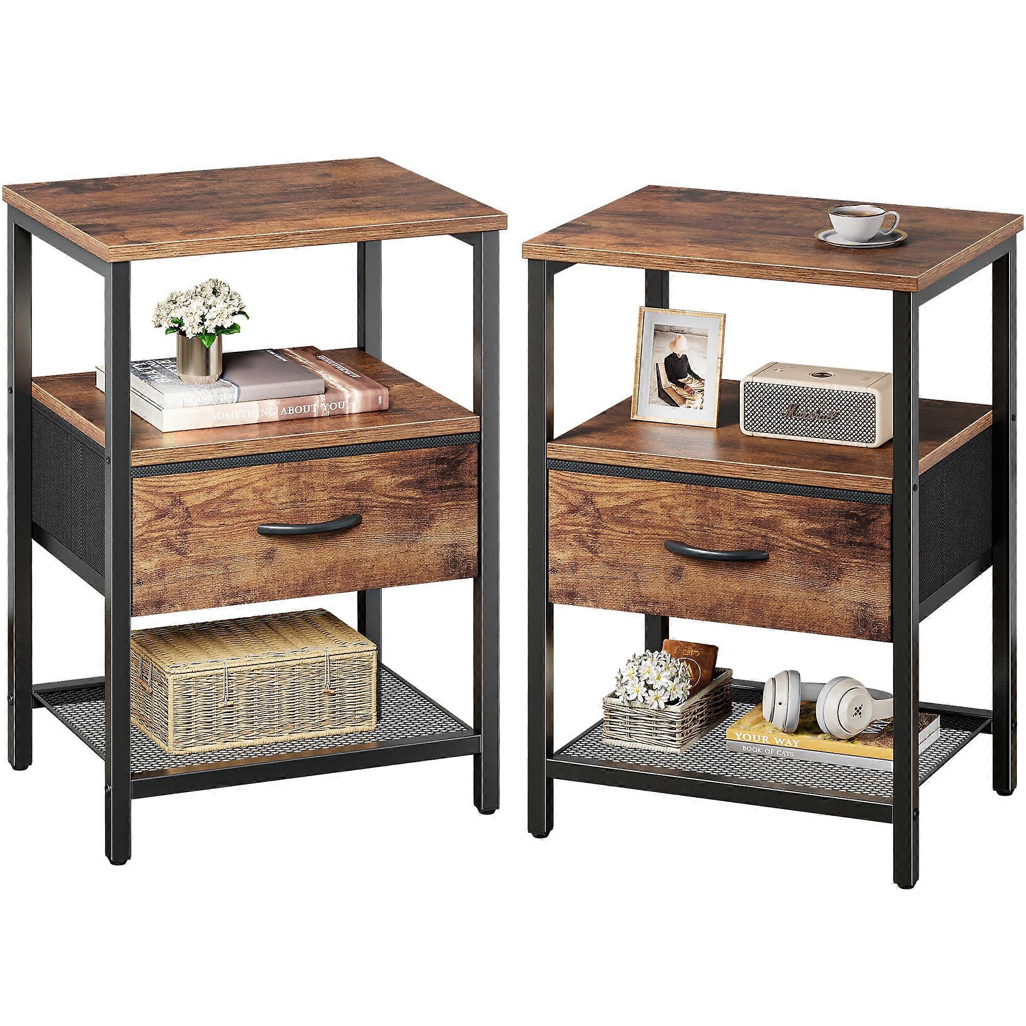 Set of 2 Rustic Nightstands with Fabric Drawer and Mesh Shelf, Industrial Bedside Tables with Storage